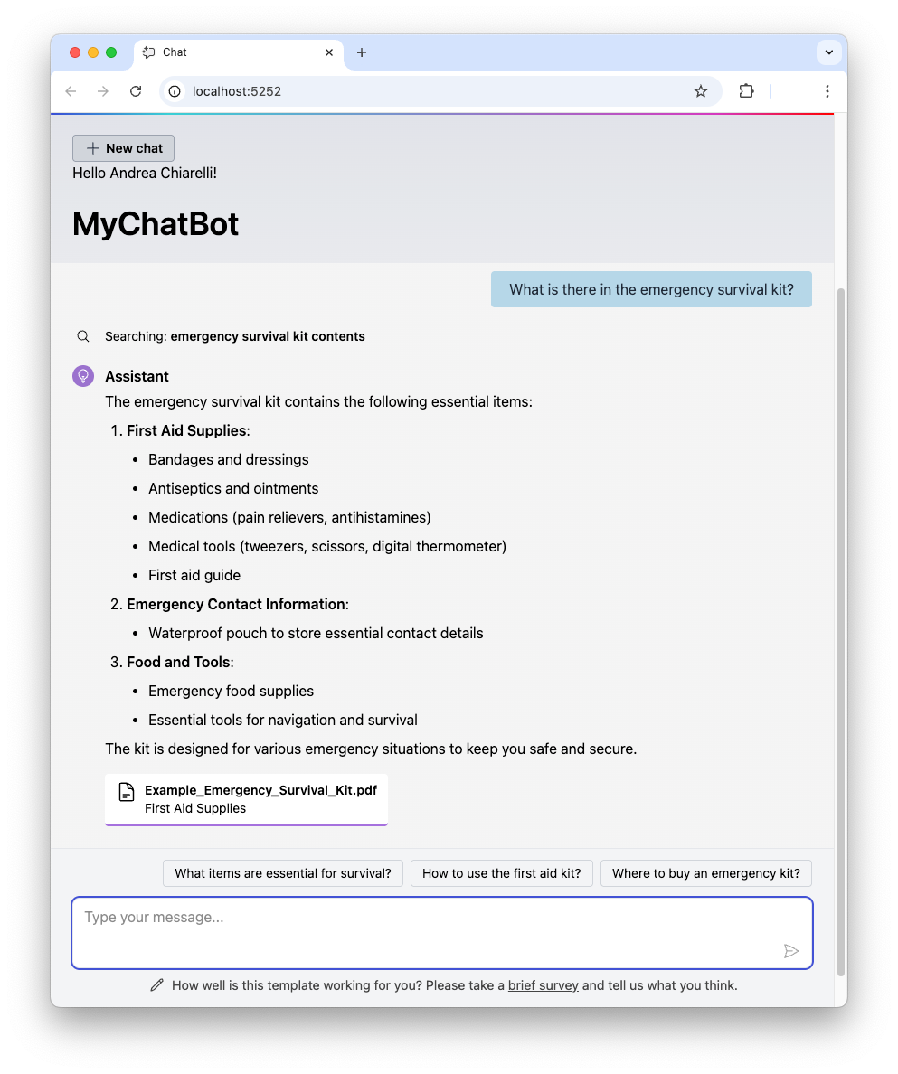 Screenshot of the secure .NET RAG chatbot correctly answering a question after verifying document access permissions via Auth0 FGA.