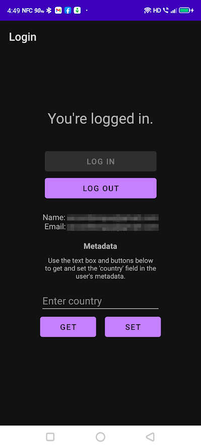The finished app’s screen when the user is logged in. It displays information about the logged-in user.