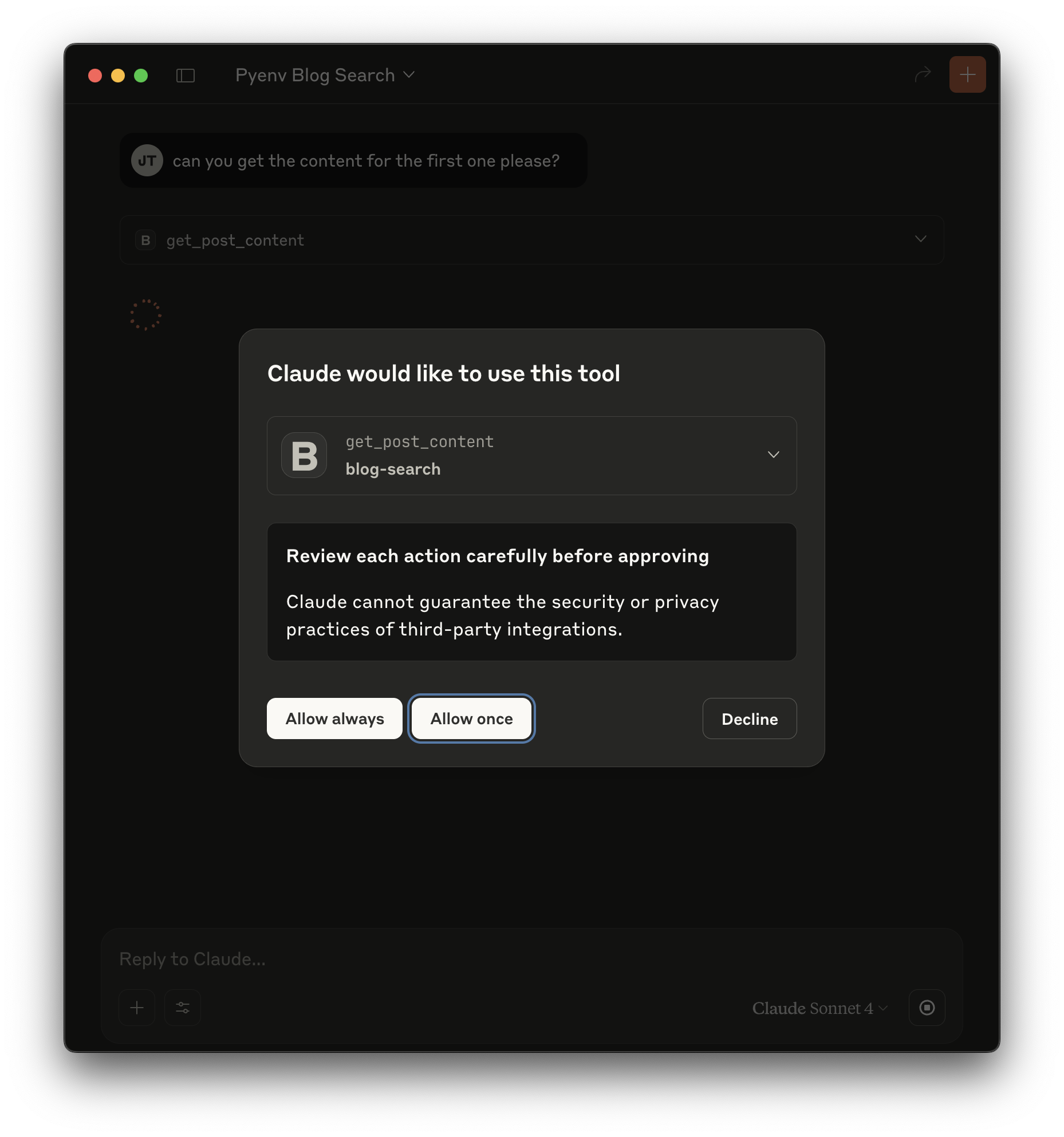 The Claude interface showing a confirmation dialog to use the get_post_content tool after the user asked to retrieve the content of a specific post