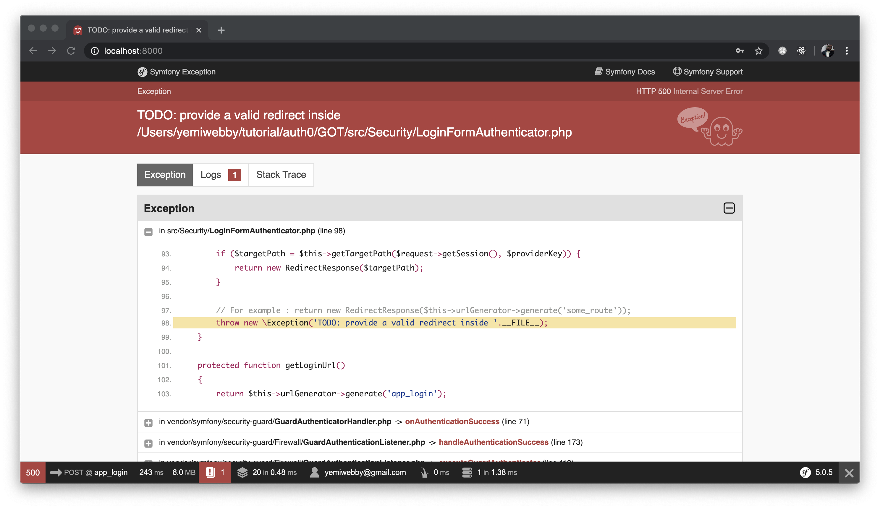 Symfony loginFormAuthenticator redirect error