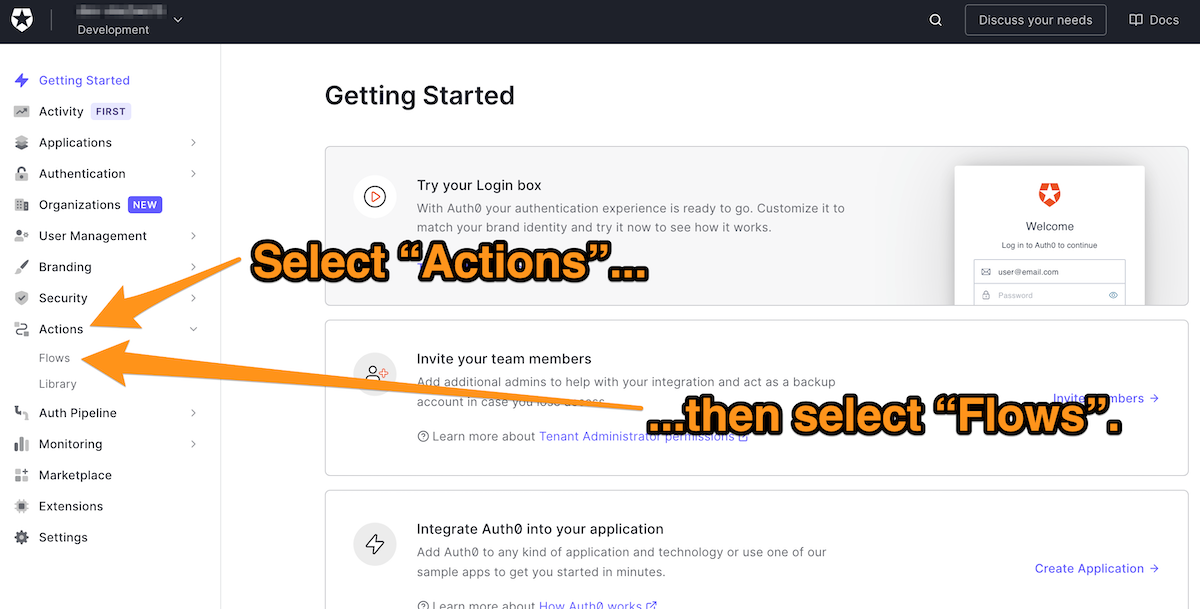 The Auth0 dashboard’s “Getting Started” page, with instructions to select “Actions” and “Flows” from the left side menu.