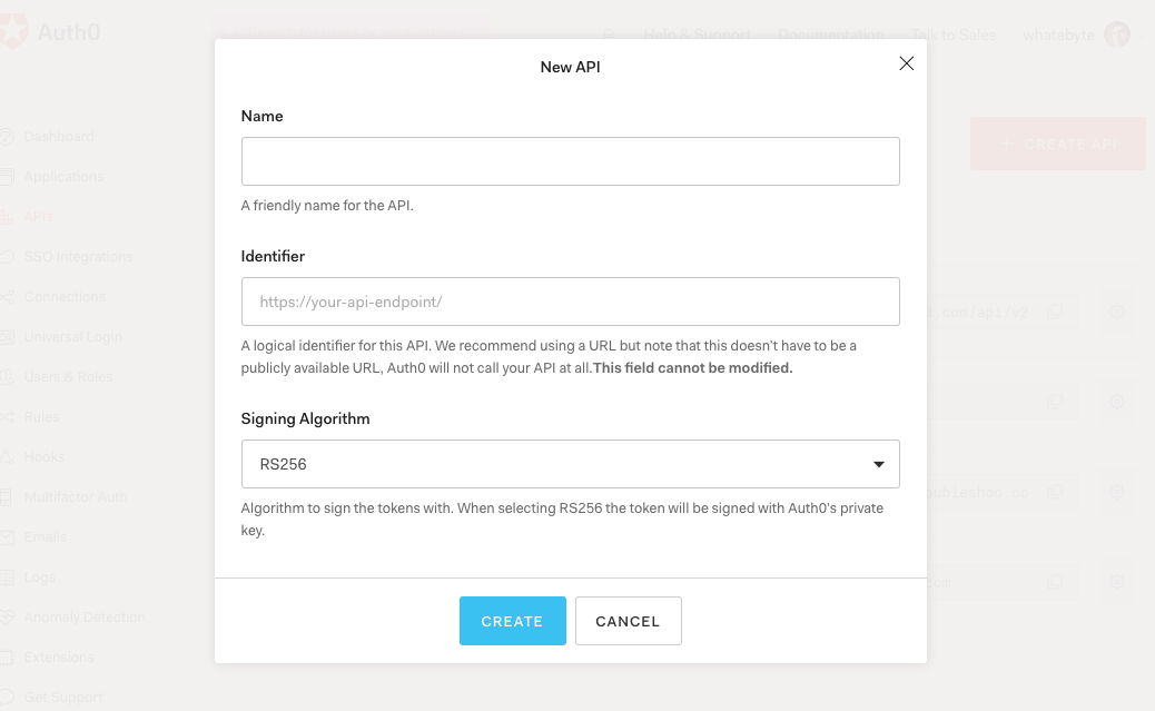 formulário de nova API no Auth0 Dashboard