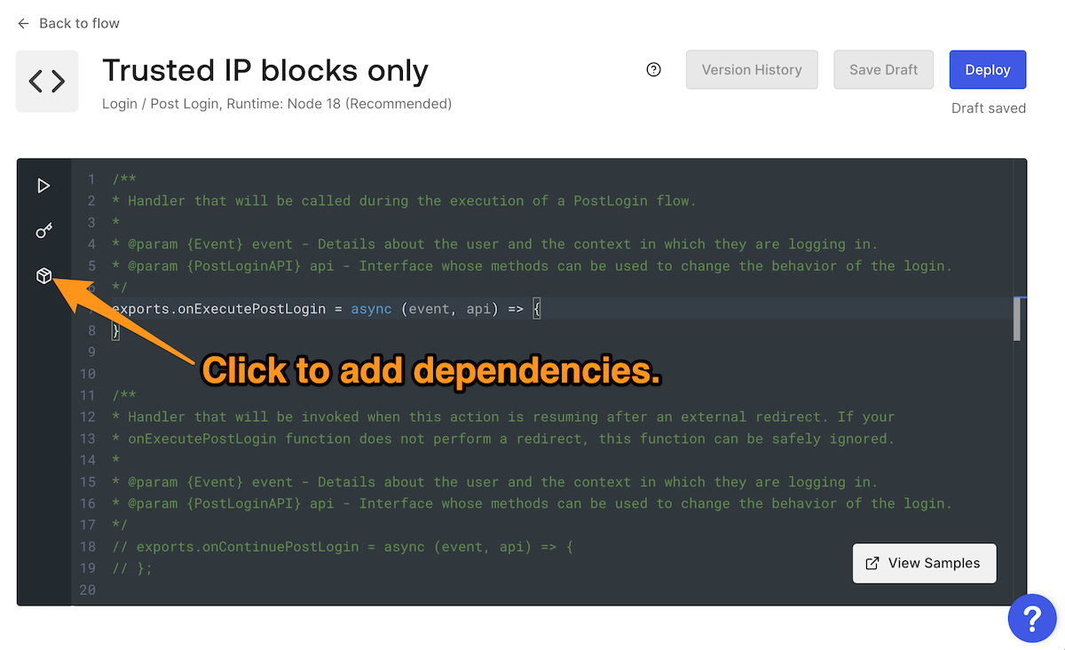 Auth0 Actions code editor displaying the code for the "Trusted IP block only" Action, with instructions to click the "Dependencies" button.