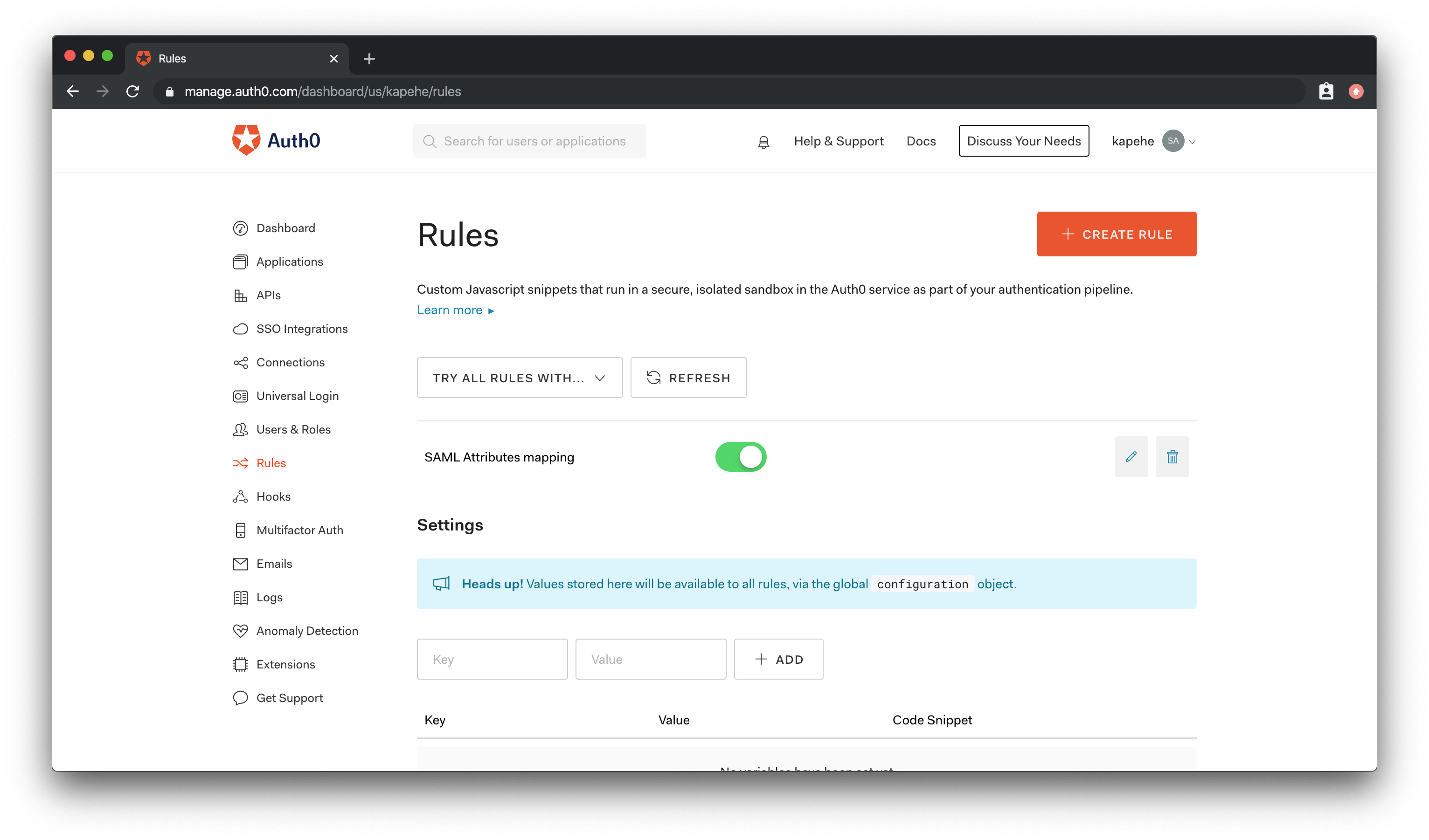 Rules Dashboard with SAML Attributes mapping active