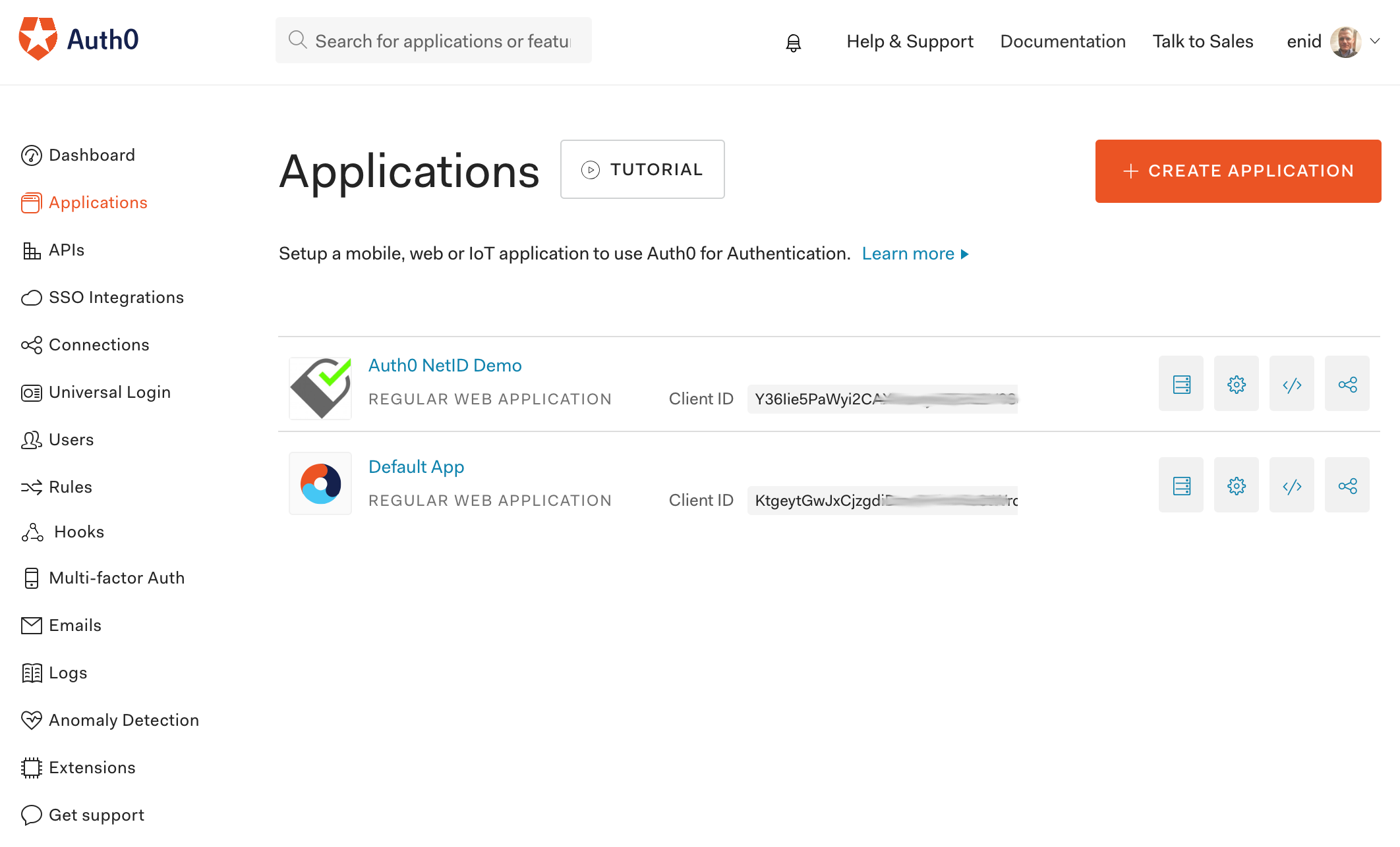 The Auth0 application registered in the dashboard