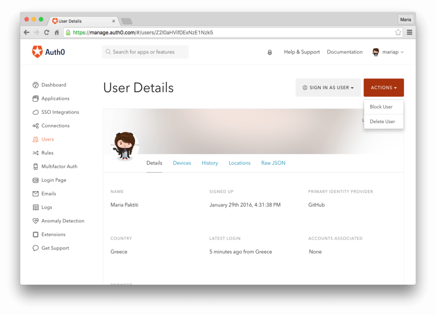 User profile on Auth0