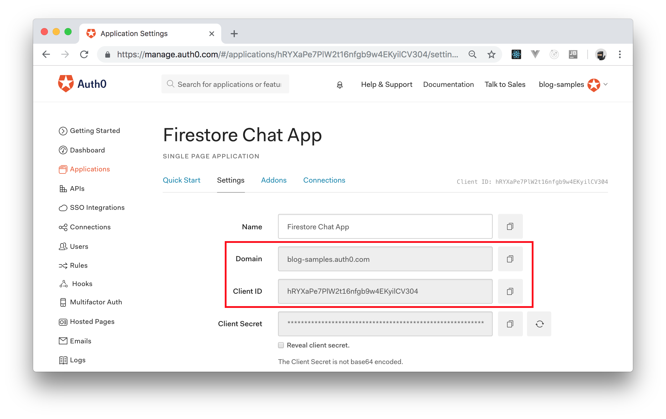 Copying Auth0 domain and client id from your Auth0 Application.