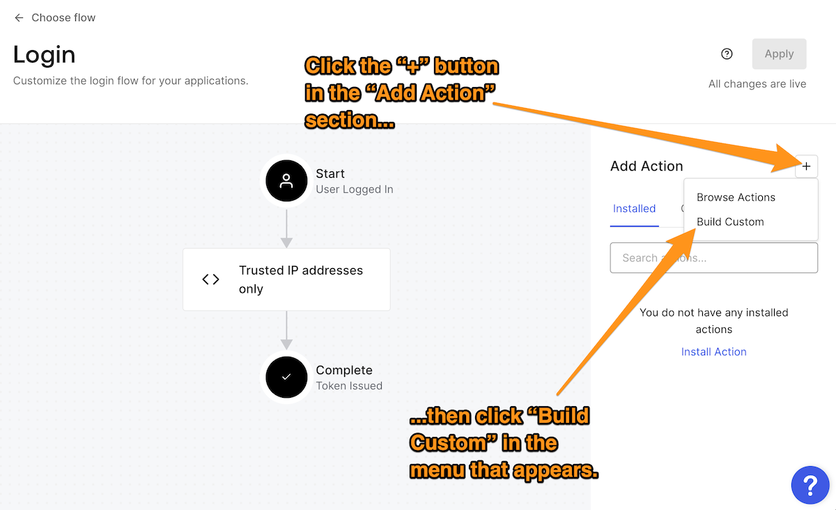 Auth0 "Login" flow page, showing instructions to click the "+" button and click the "Build Custom" link.