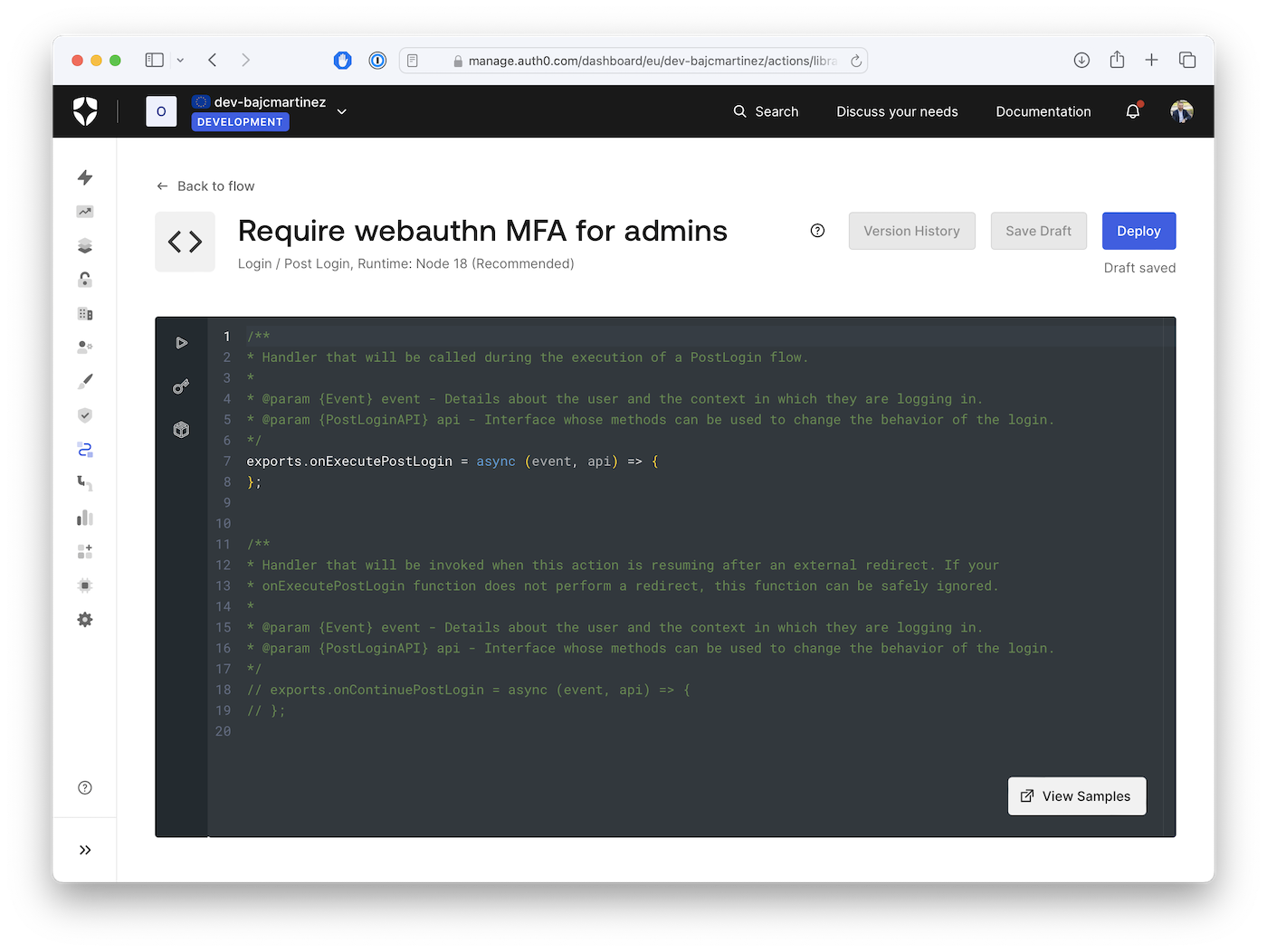 Auth0 Actions code editor page