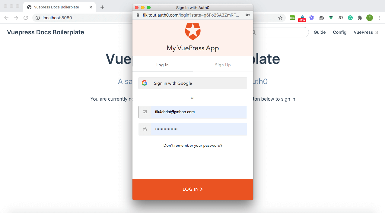 Auth0 dialog - Vuepress