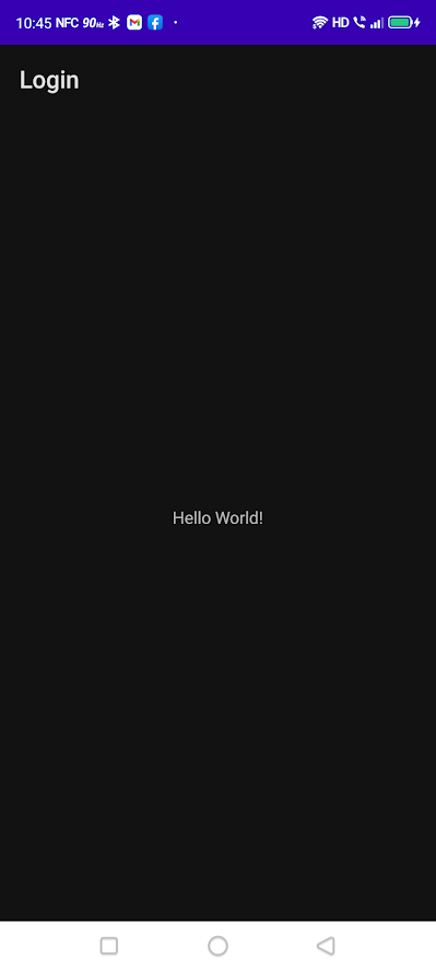 The newly-created app’s screen when launched. Title bar reads “Login”; body reads “Hello World!”.