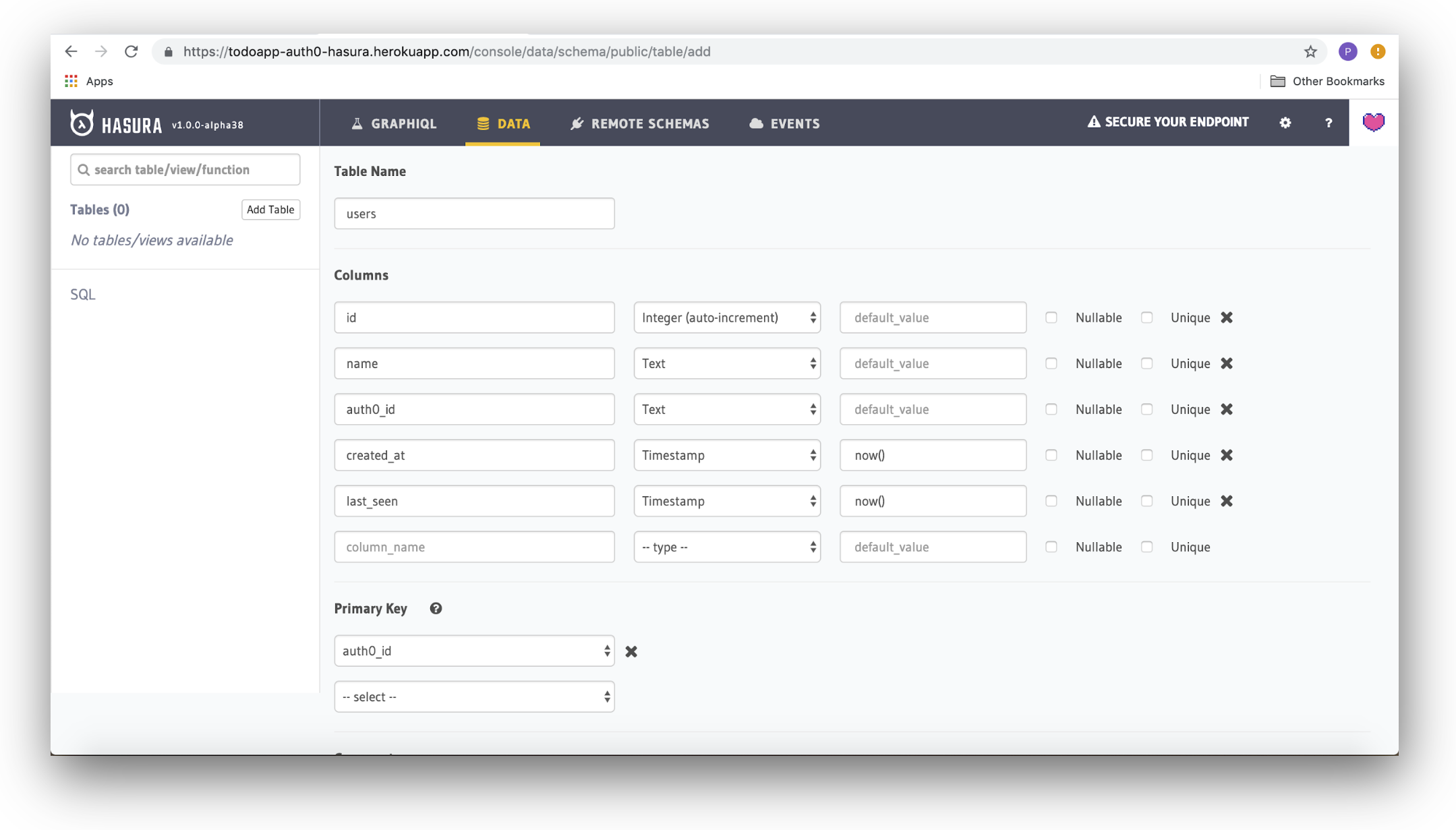 Constructing the 'users' data table and columns in the Hasura Console