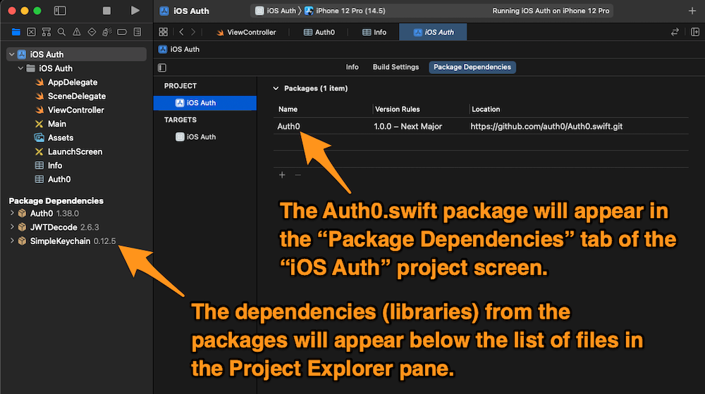 Xcode screenshot: The “Package Dependencies” tab of the “iOS Auth” project screen.