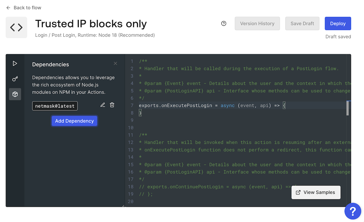 Auth0 Actions code editor displaying the code for the "Trusted IP block only" Action, with the "Dependencies" pane showing that the "netmask" module is now installed.