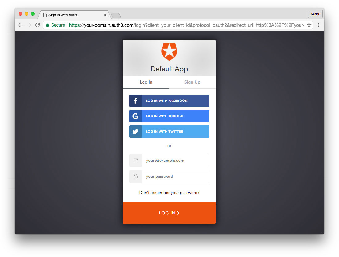 Auth0 centralized login screen
