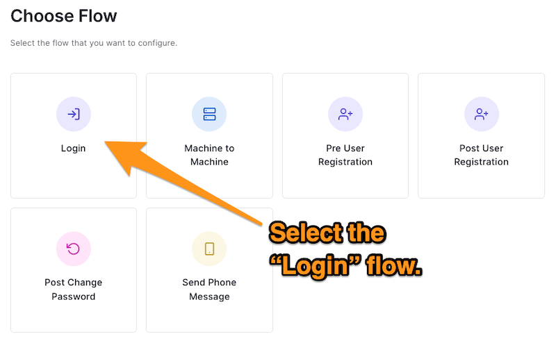 The “Choose Flow” page of the Auth0 dashboard, with instructions to select the “Login” flow.