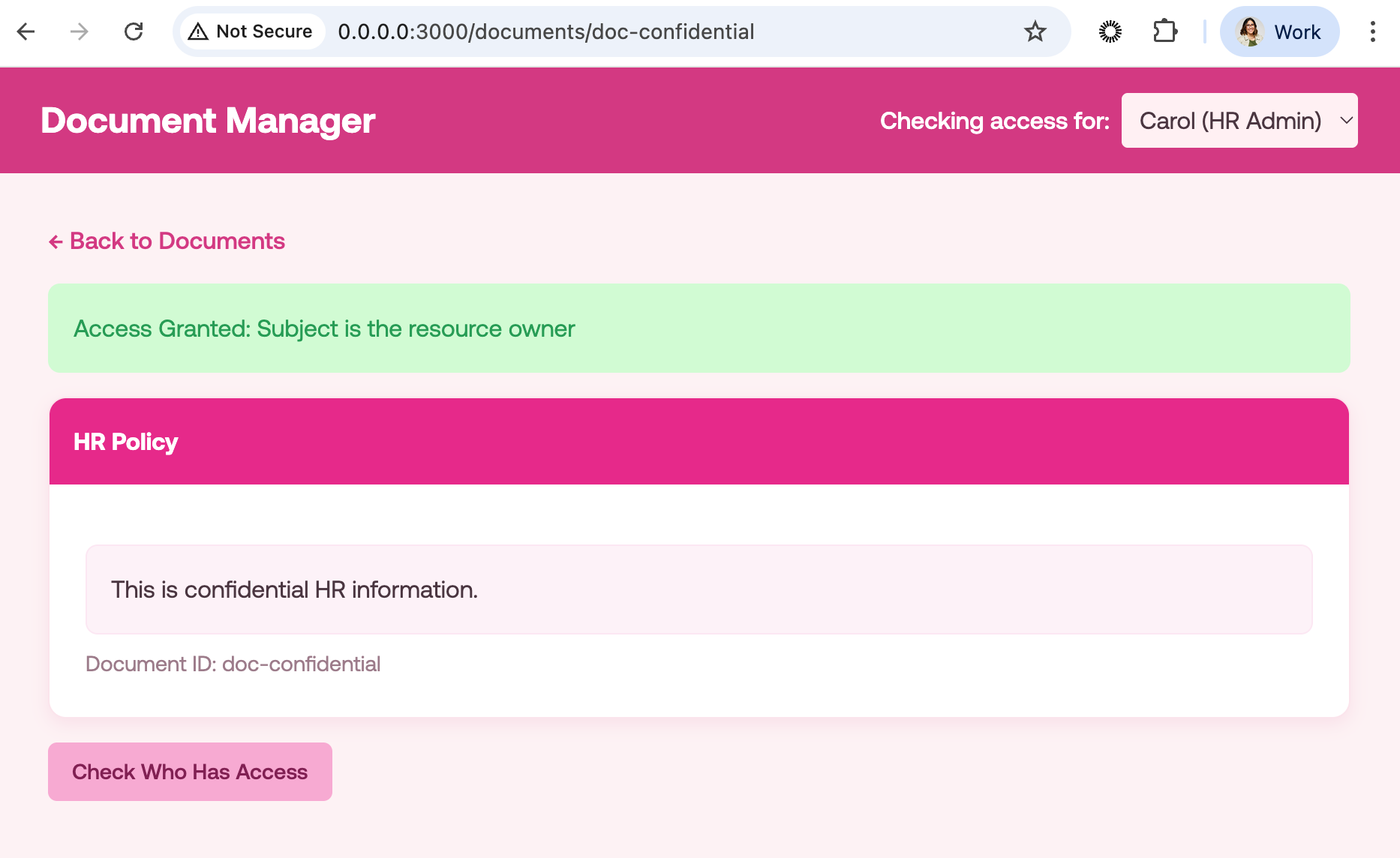 The web application will then look as follows for example for user Carol, who is in HR and has access to all documents