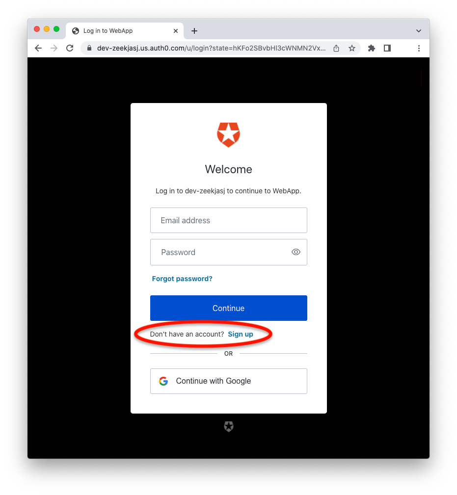 Auth0 Universal Login page with the Sign up link highlighted