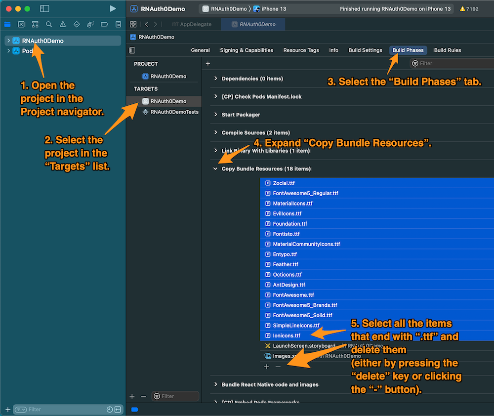 Xcode screenshot, with instructions for deleting the fonts.