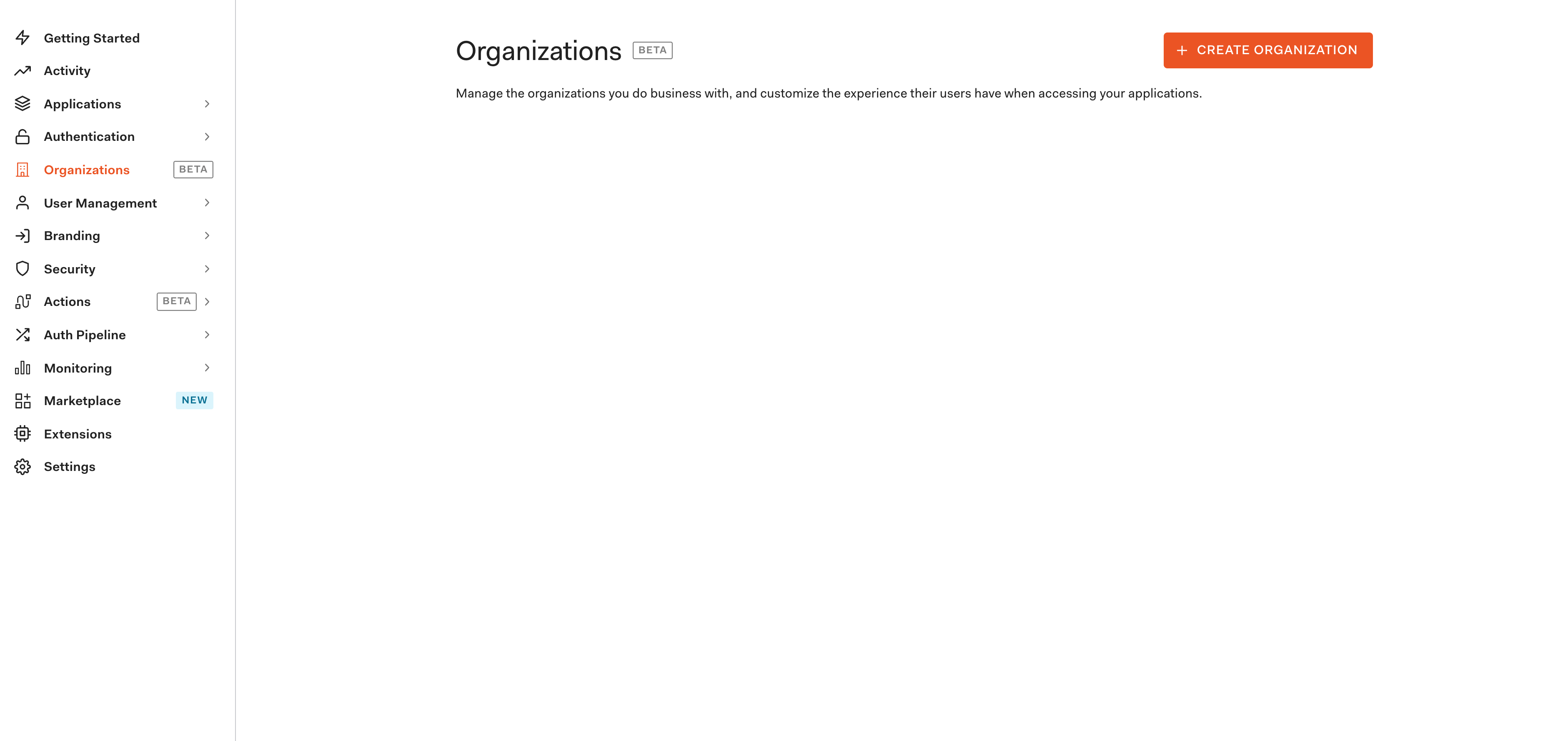 Screenshot of organizations tab within Auth0 dashboard