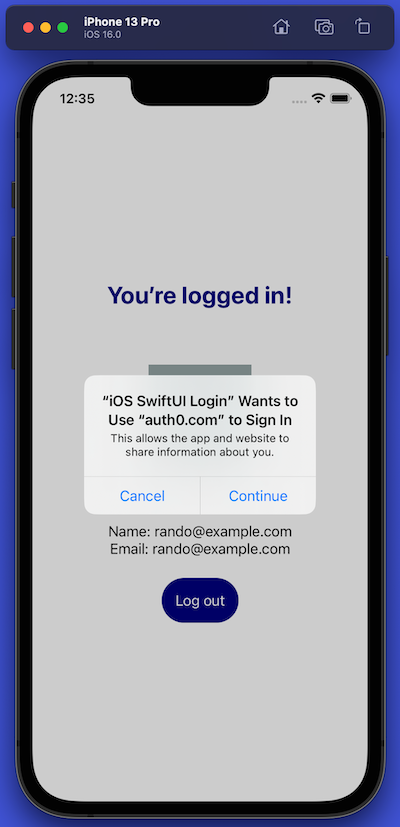 Alert box that says “‘iOS SwiftUI Login’ Wants to Use ‘auth0.com’ to Sign In” during logout process.