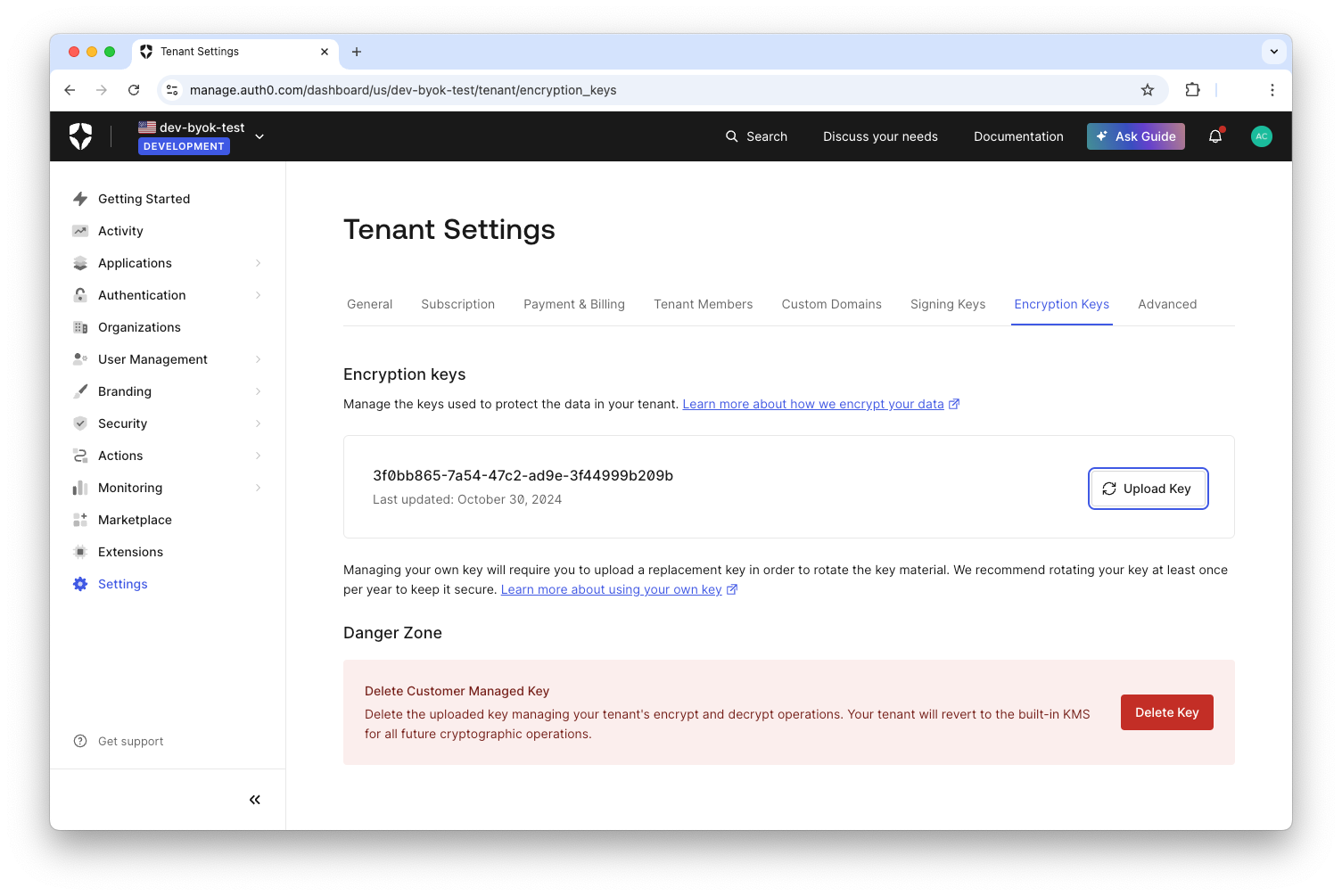 Auth0 dashboard with BYOK enabled