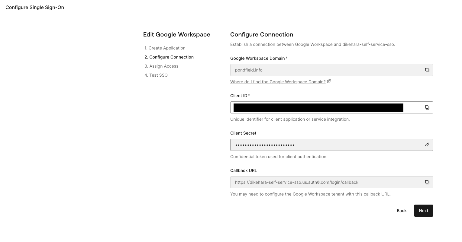 The Auth0 self-service SSO setup assistant, pre-filled with existing Google Workspace connection data for editing.