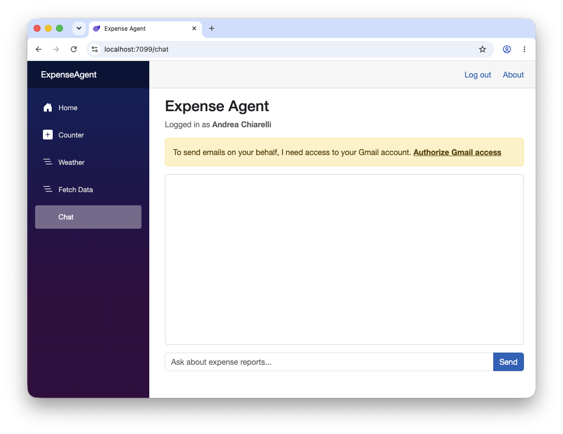 Expense AI agent shows a gmail access authorization alert
