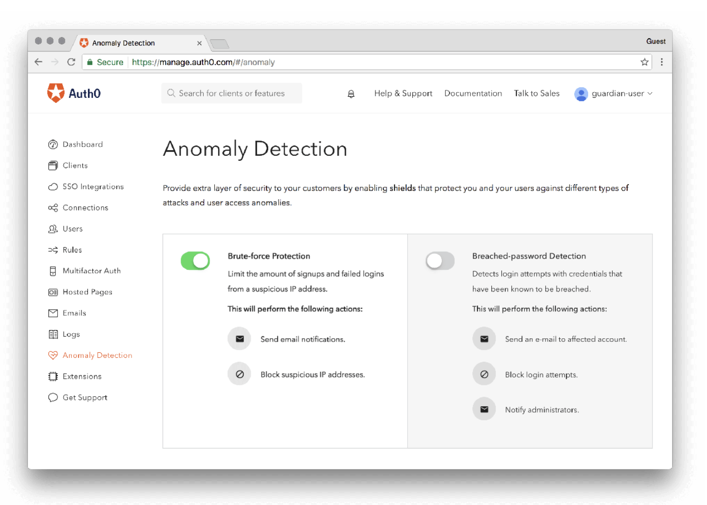 Auth0 Anomaly Detection view in the dashboard