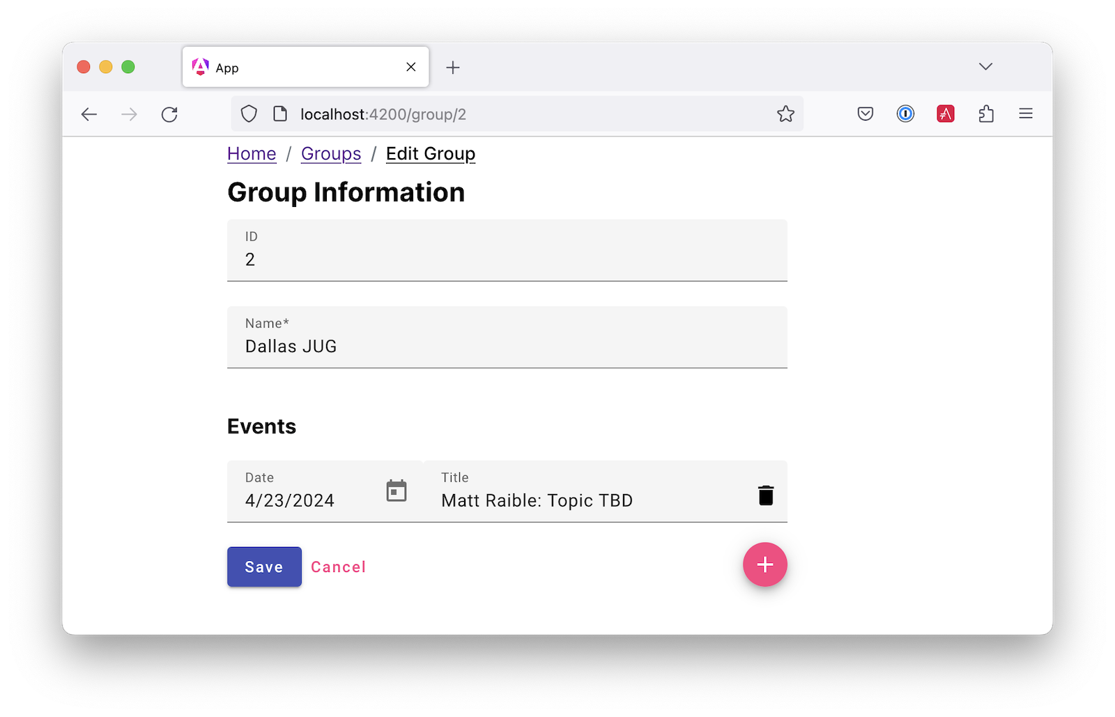Edit a group and add events