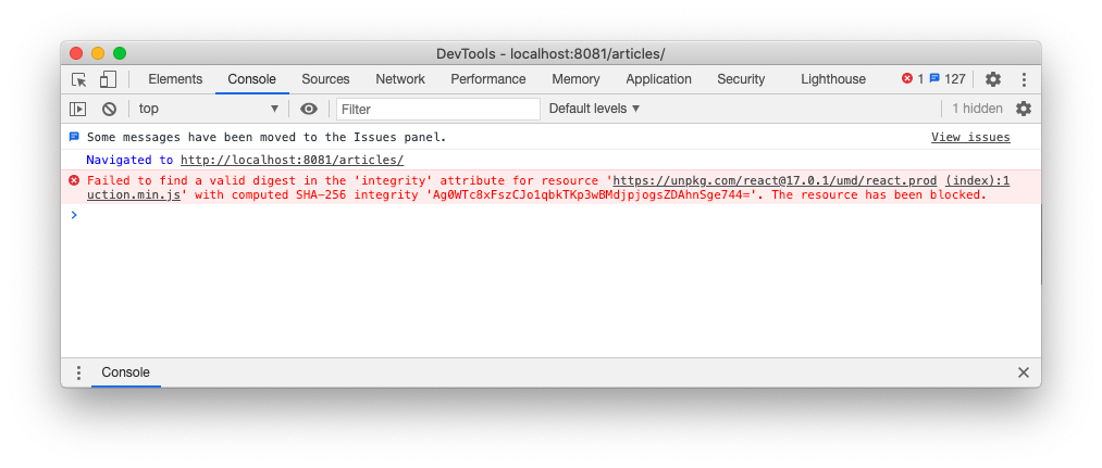 Invalid integrity hash value in Chrome console