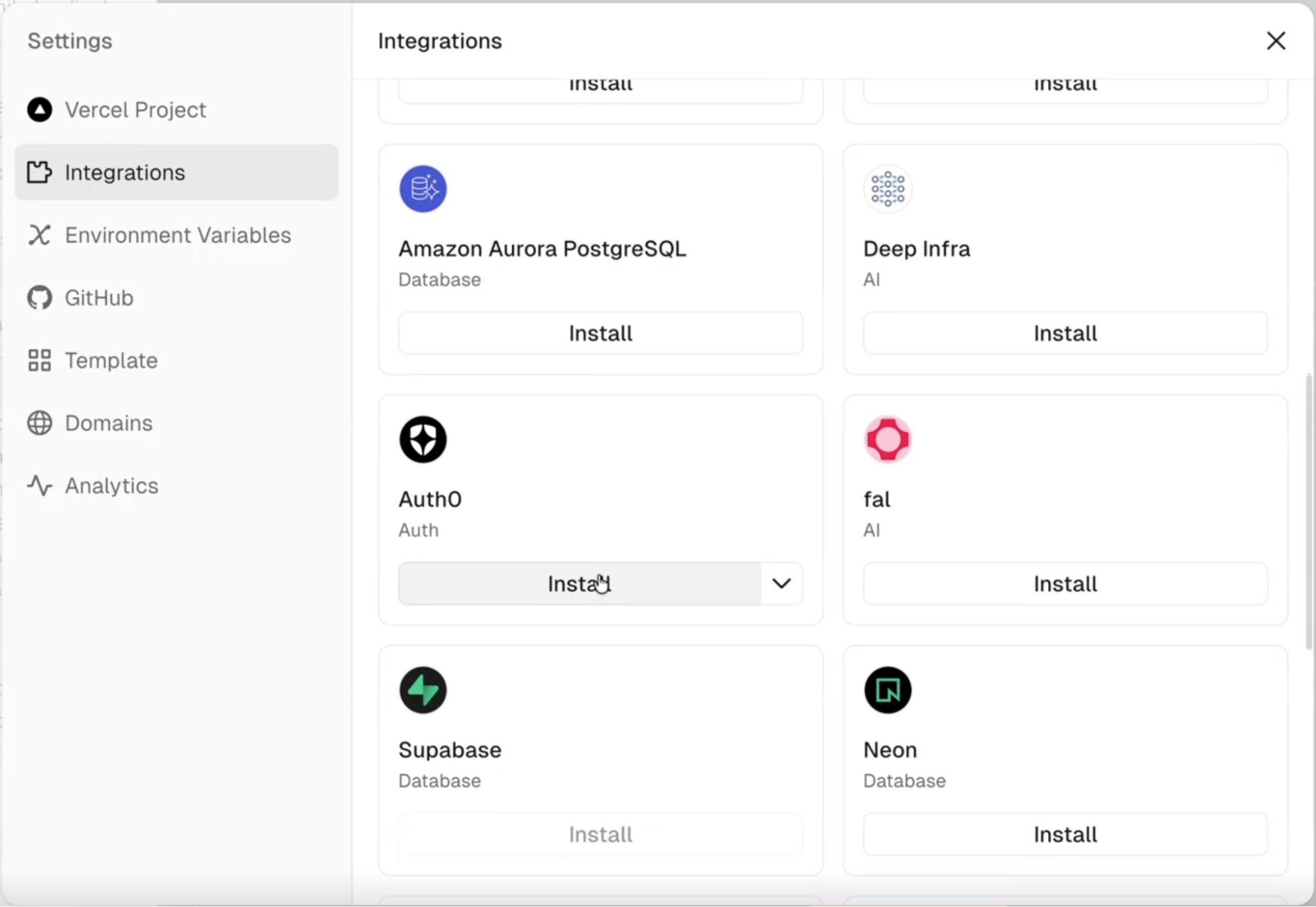 v0 Integrations tab