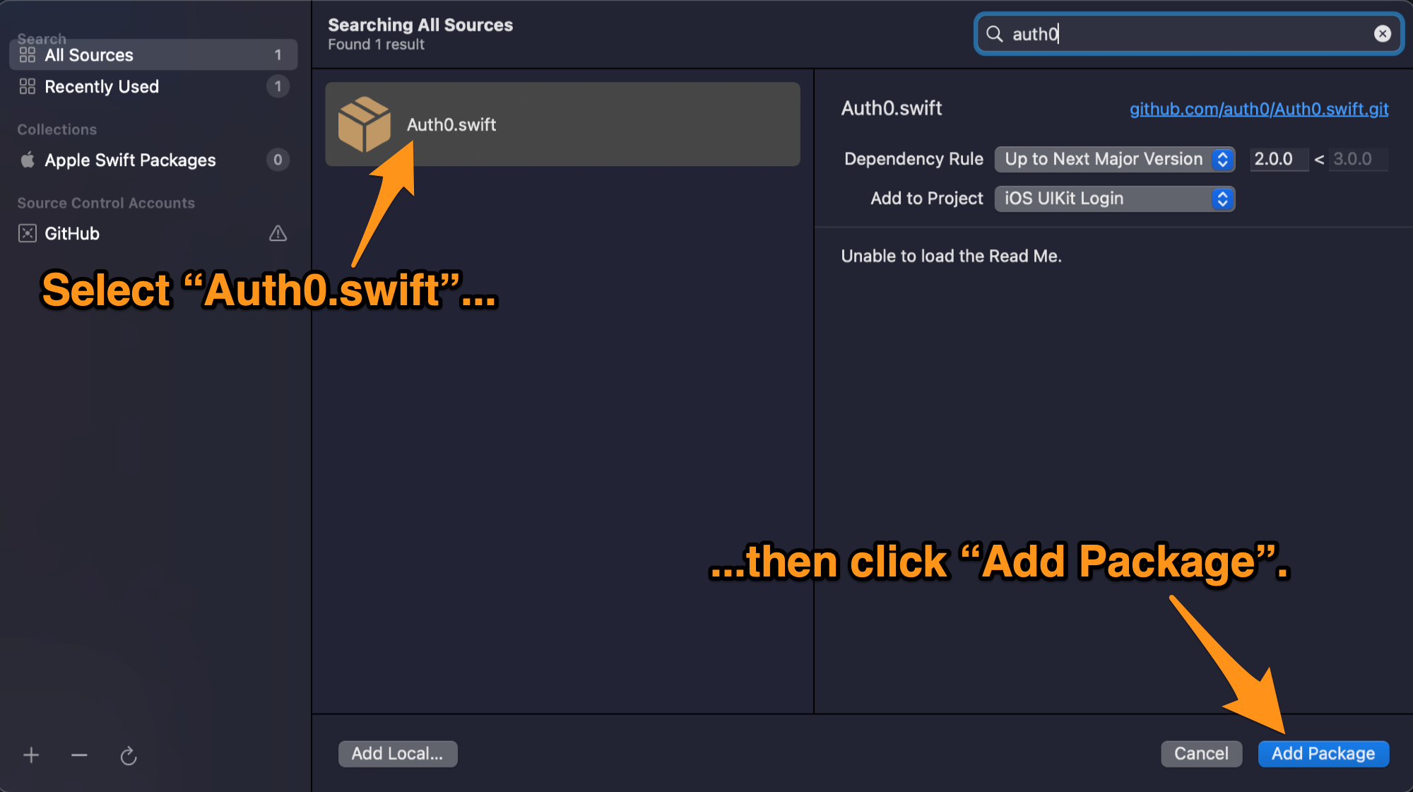 Xcode screenshot: Select “Auth0.swift”, then click “Add Package.”
