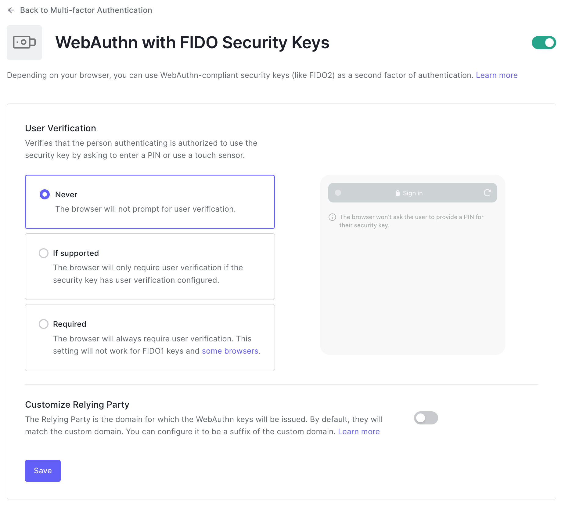 MFA Factor WebAuthn with FIDO Security Keys config page