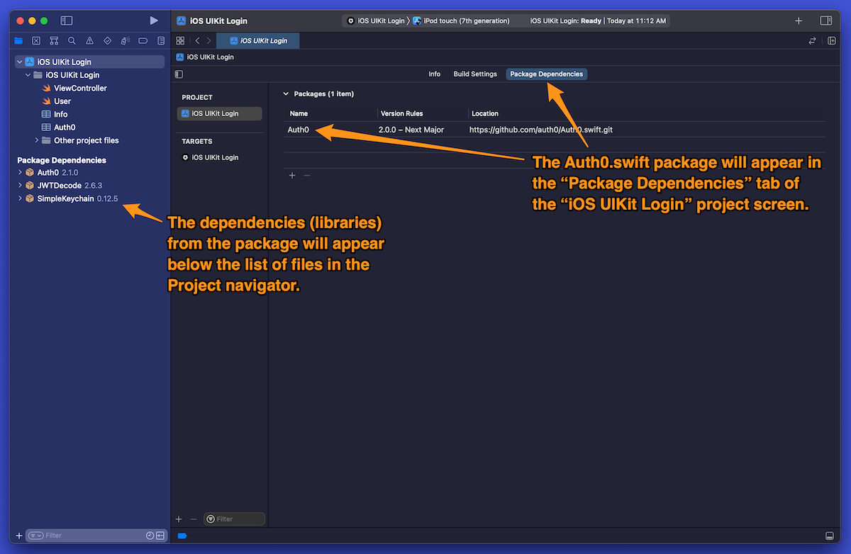 Xcode screenshot: The “Package Dependencies” tab of the “iOS Auth” project screen.
