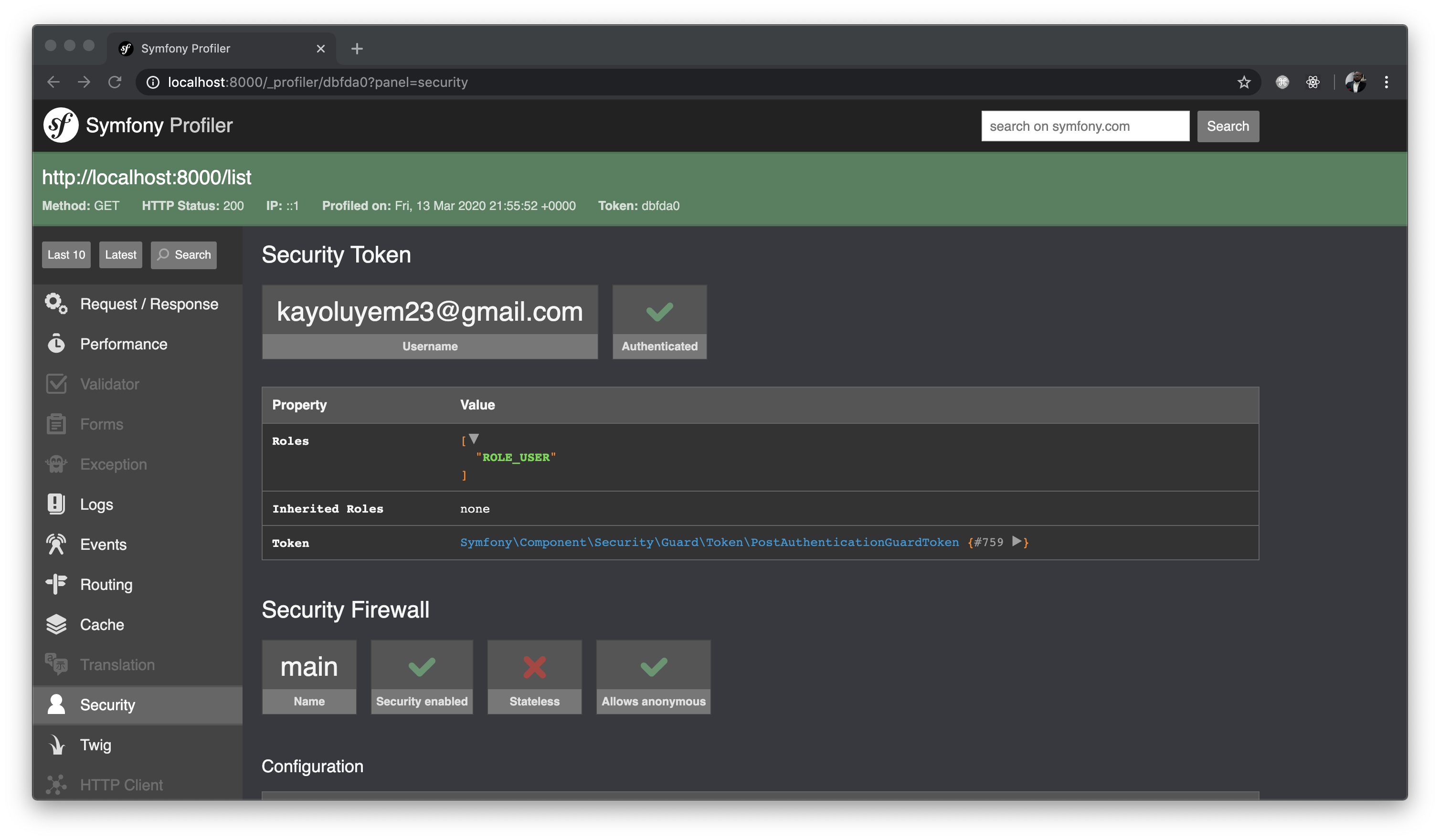 Symfony debug toolbar profiler