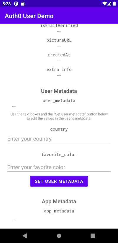 The bottom portion of the app’s main screen, with the user metadata and app metadata fields blank