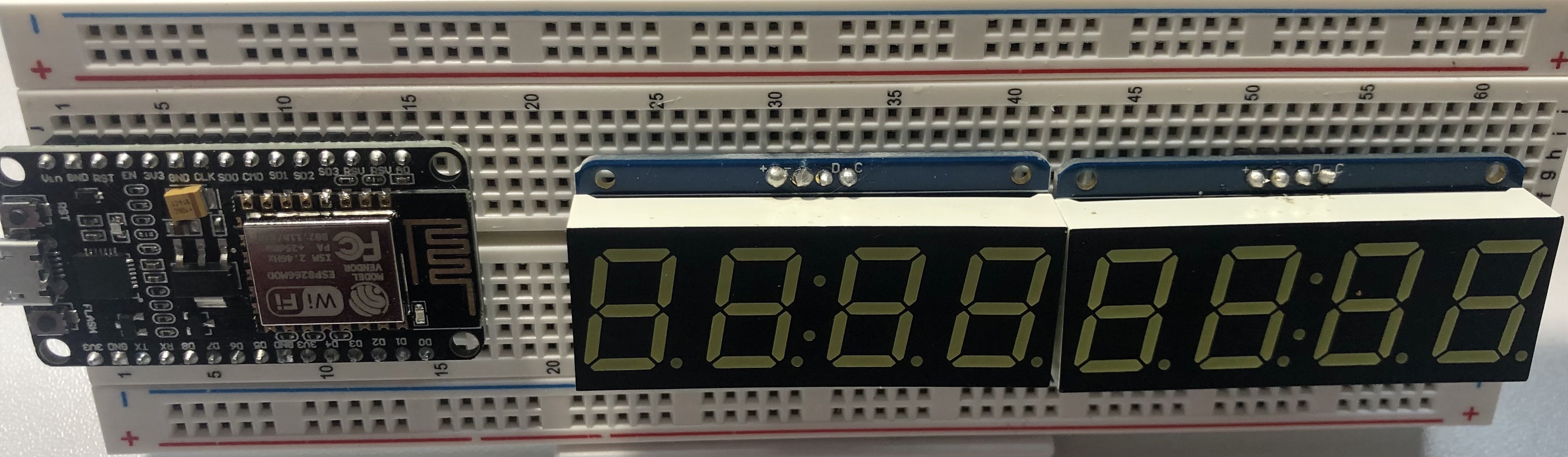 Place NodeMCU and two 7-segment displays in solderless breadboard