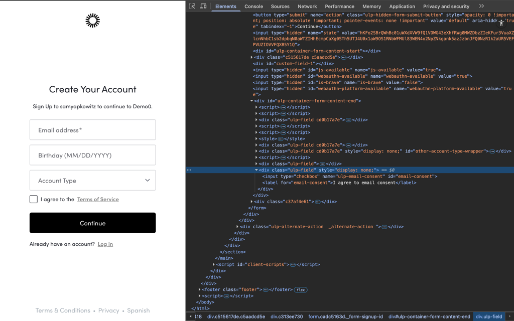 Our signup page with our hidden honeypot
