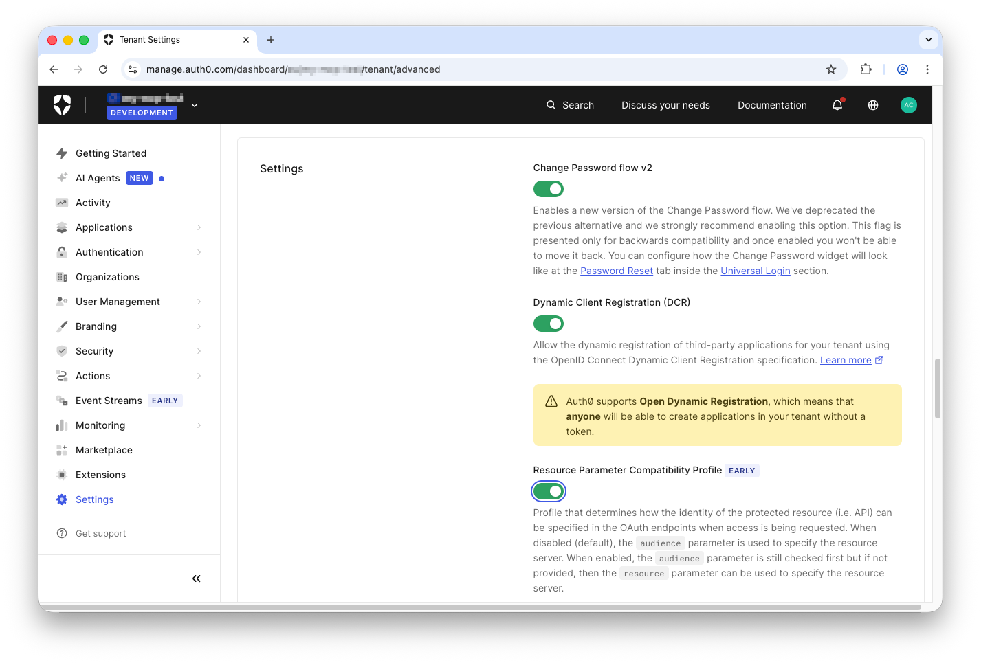 Dynamic Client Registration option on the Auth0 dashboard