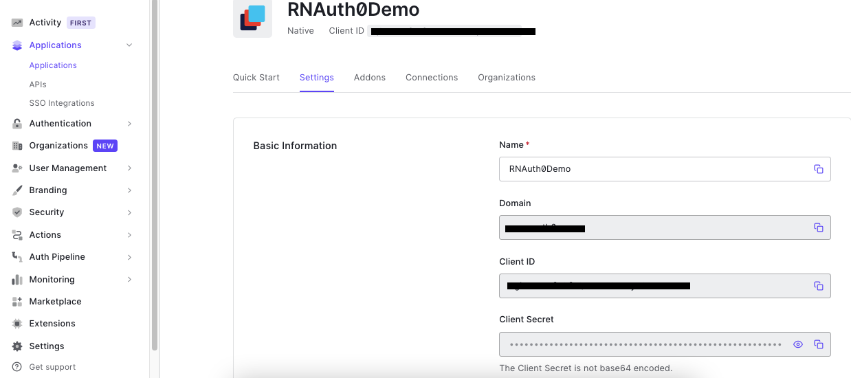 The “Settings” page for the RNAuth0Demo application in the Auth0 dashboard.