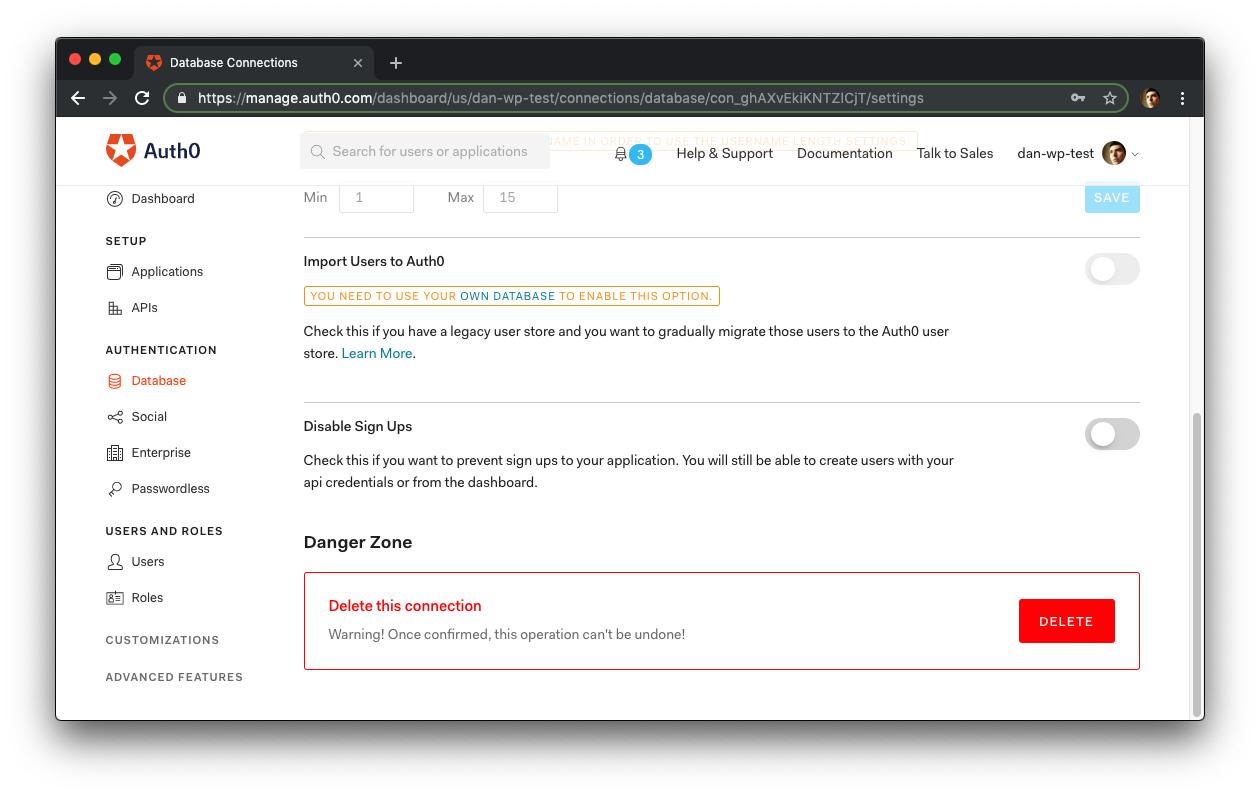 Deleting an Auth0 Database Connection