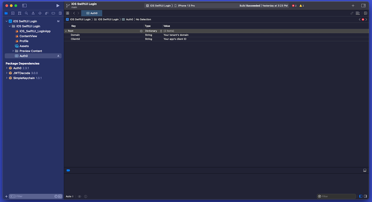 Xcode screenshot, showing the resulting property list.