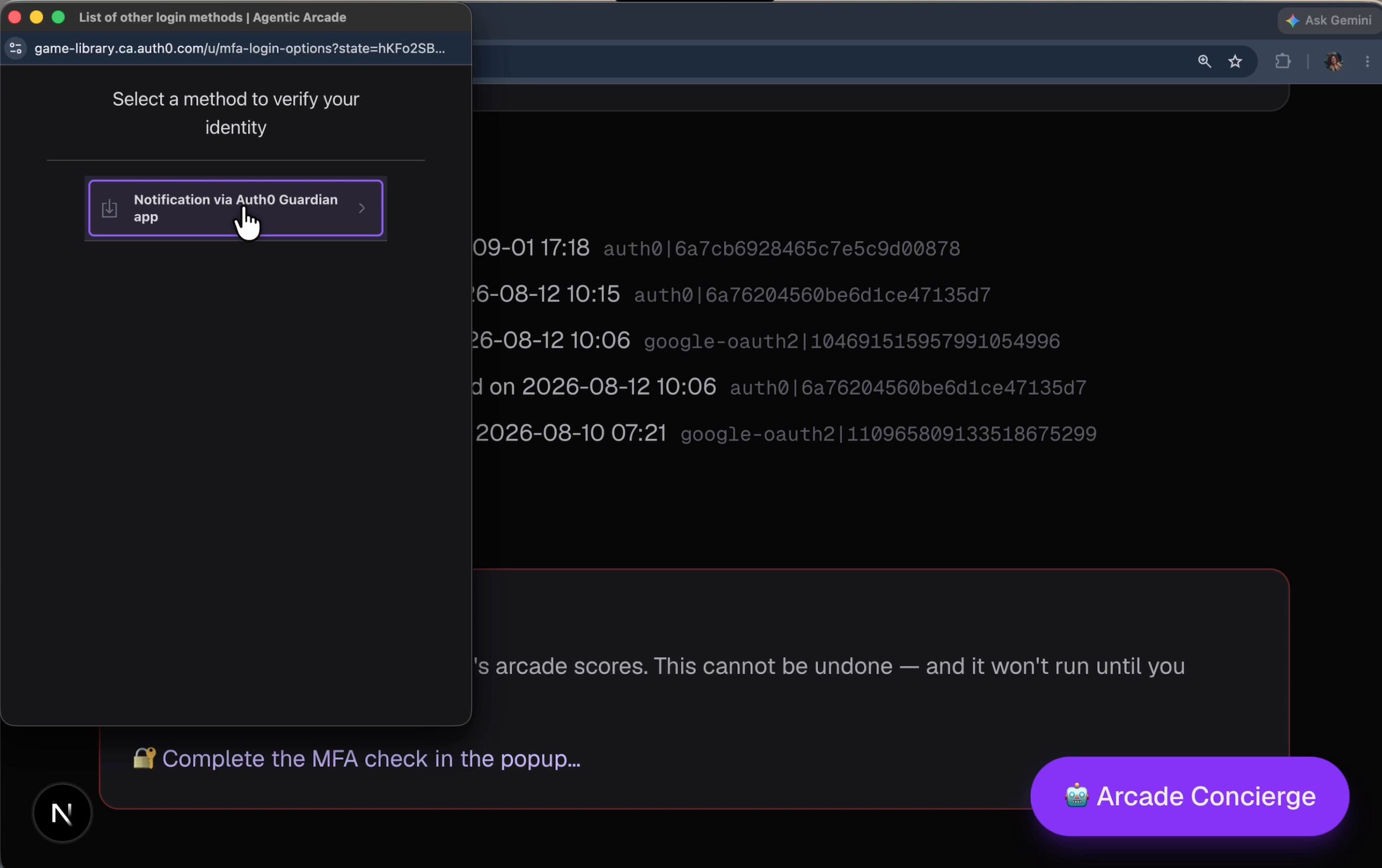 Auth0 Universal Login screen inside the step-up popup showing a Notification via Auth0 Guardian app button