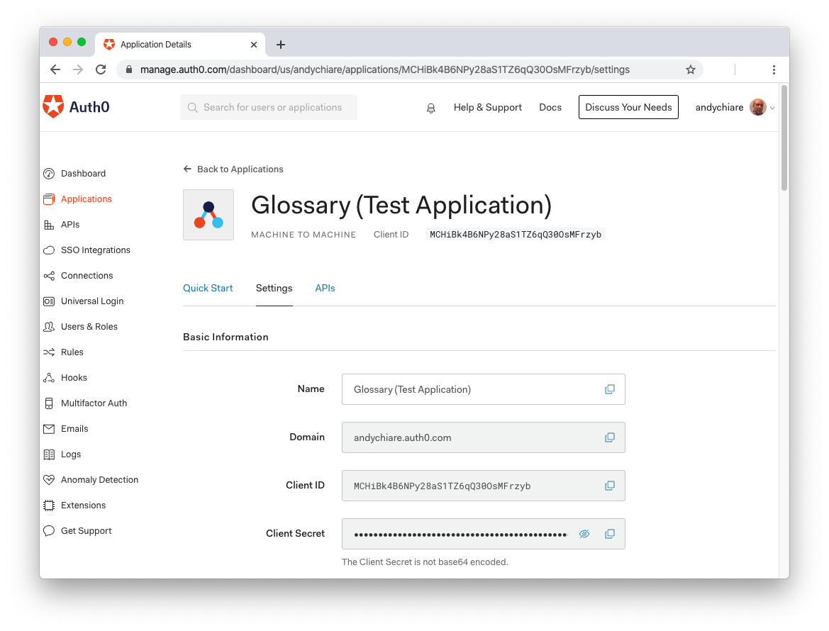 Test application on Auth0 dashboard