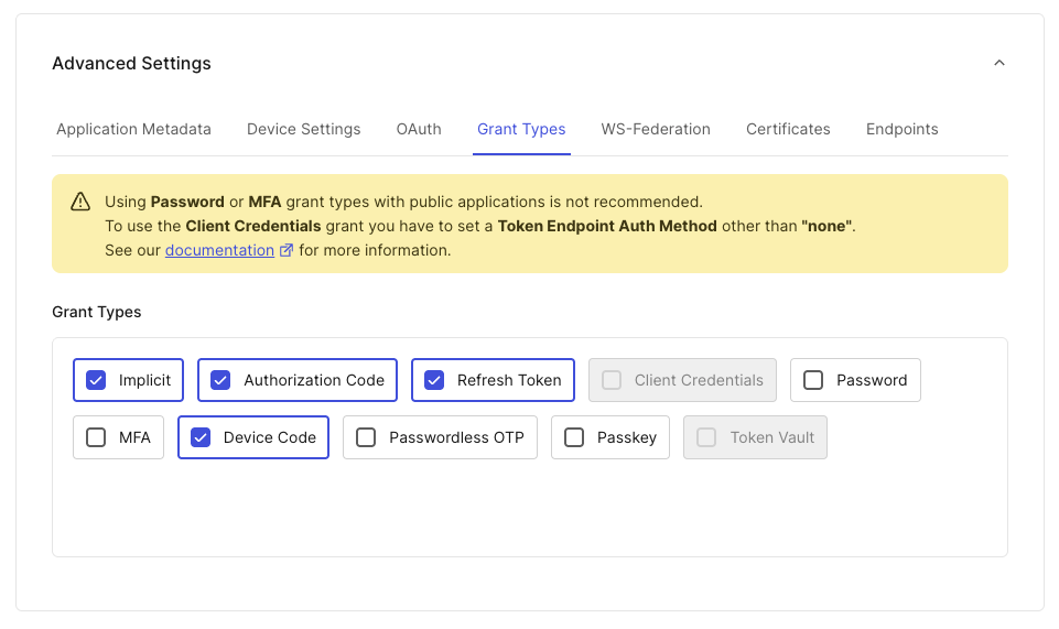 Auth0 Dashboard — Grant Types with Device Code enabled.