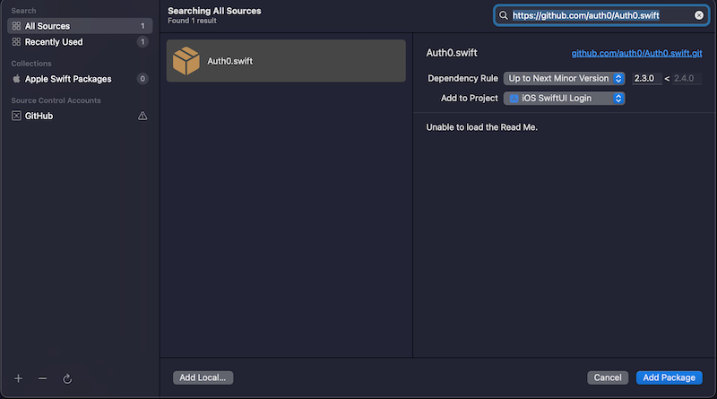 The “Add Packages” window, with instructions for adding the “Auth0.swift” package.