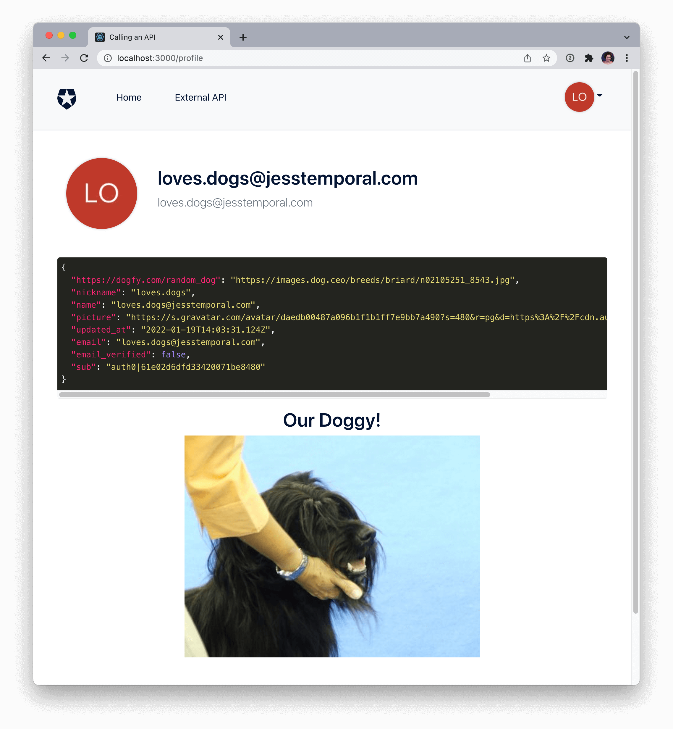 image of the profile page for the react sample showing the id token and a random dog picture