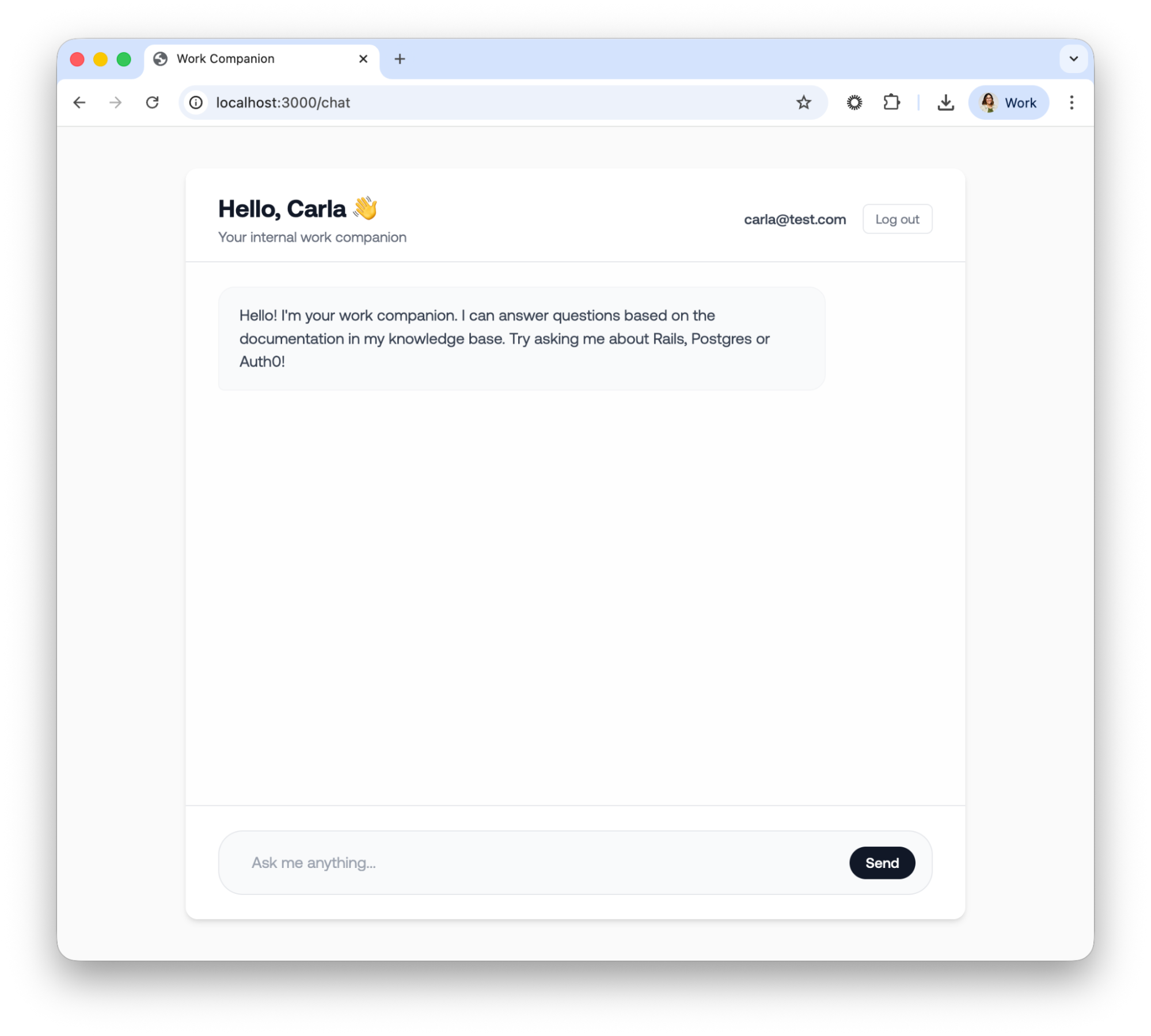 Ruby on Rails application showing successful user login via Auth0.