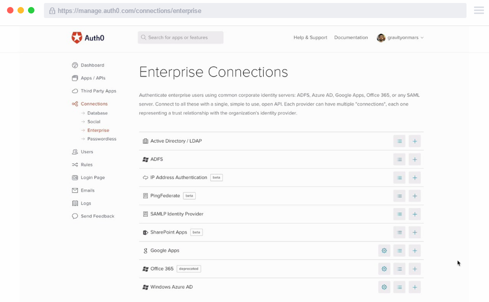 Auth0 enterprise connections dashboard